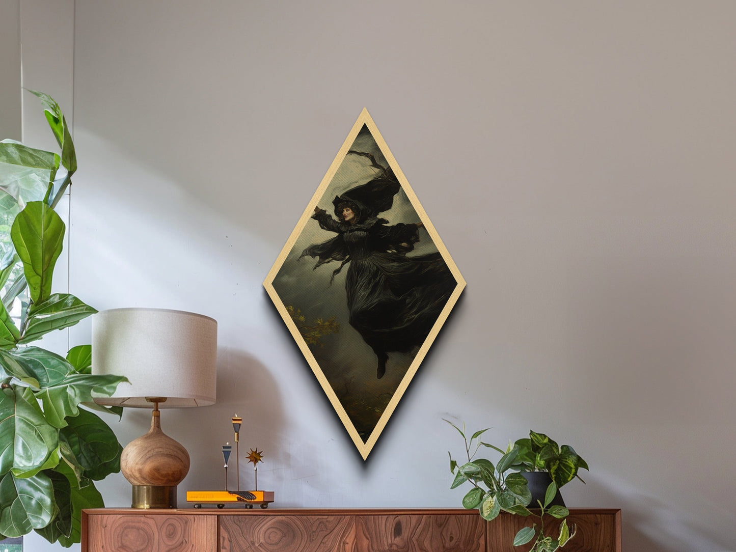 Die fliegende Hexe, gerahmter Leinwanddruck, unheimliche gotische viktorianische Wandkunst, Gemälde einer Hexe aus Dark Academia