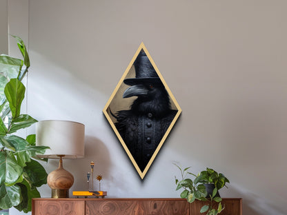 Baroque Raven in Charcoal Black Brocade Diamond Shaped Art Canvas Embossed Print Halloween Gothic Decor Dark Academia Style