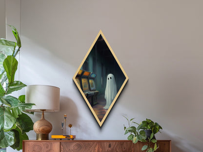 Einsamer Geist in regnerischer Spielhalle – Rautenförmiger Kunstdruck auf Leinwand – Geprägter Druck – Gruselige Vaporwave-Halloween-Wanddekoration im surrealen, nostalgischen Stil