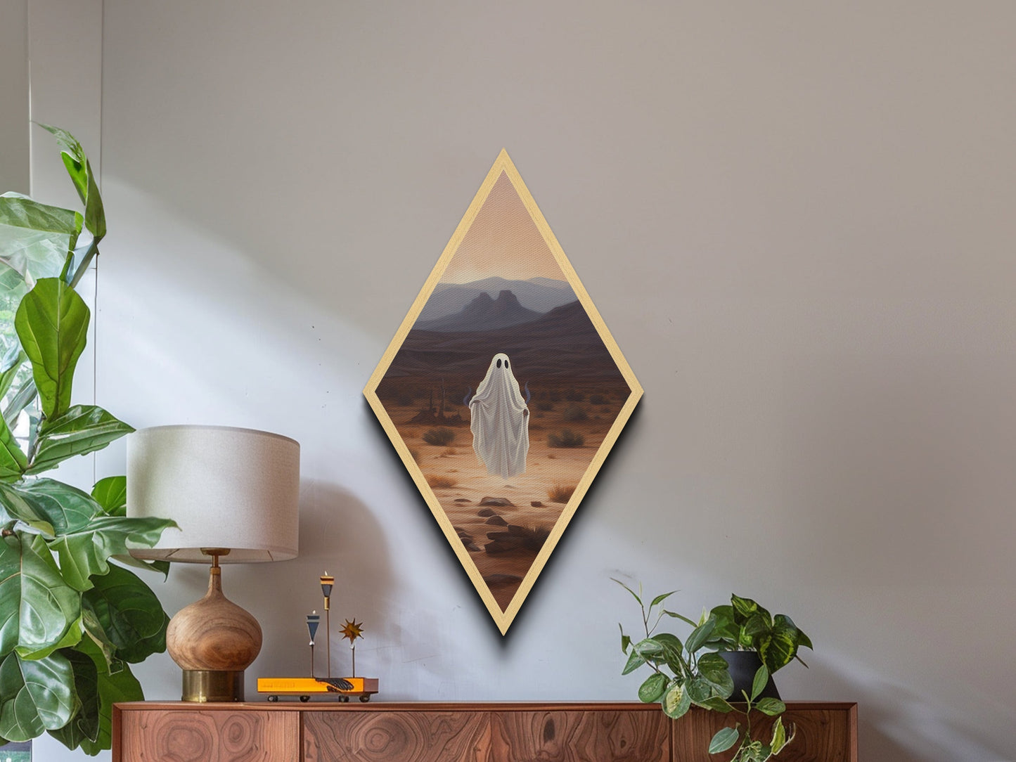 Lonely Ghost in Sunset Desert Diamond Shaped Art Canvas Art Print Halloween Spirit Gothic Surreal Dark Western Spooky Decor