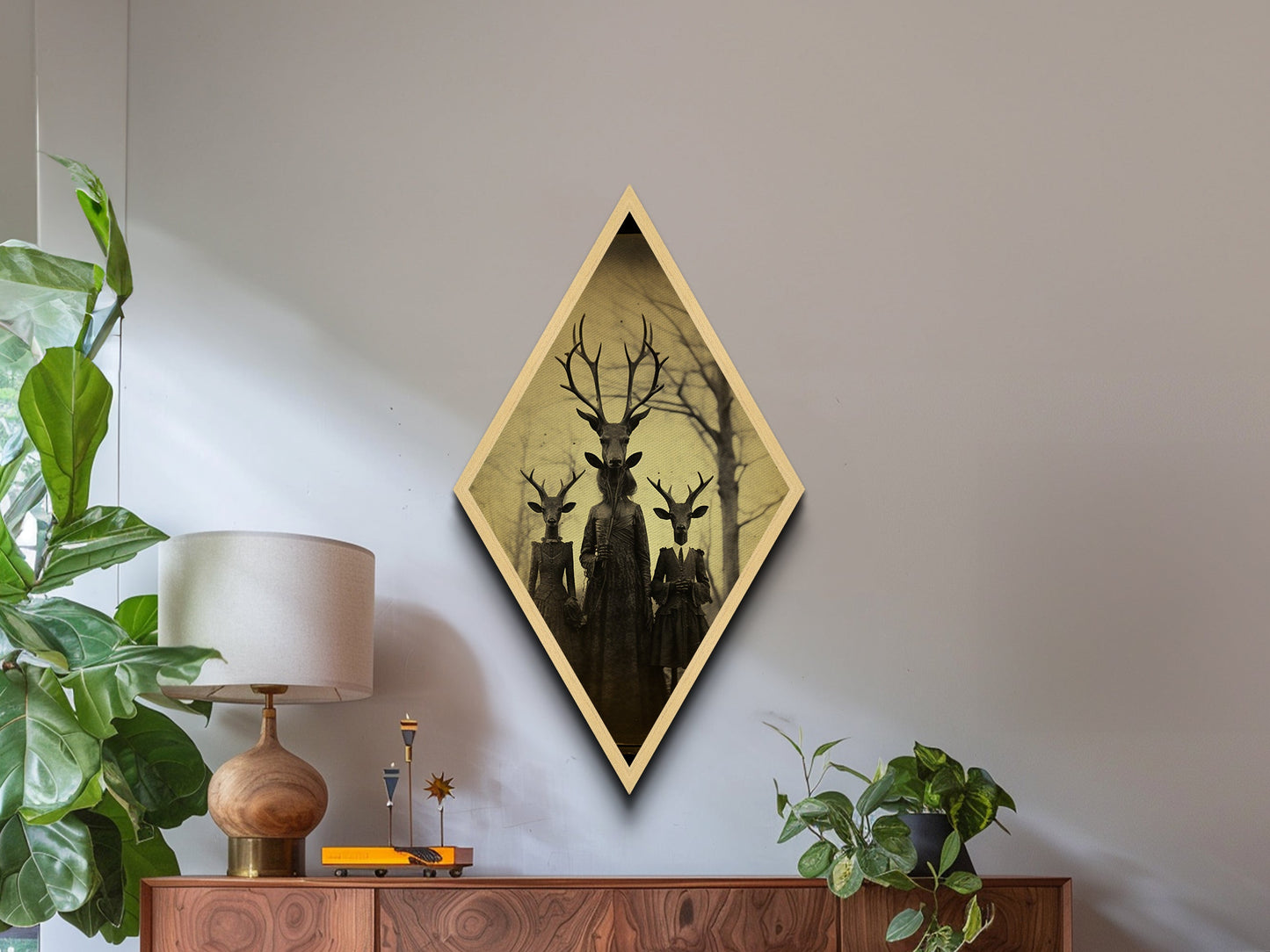 Haunting deer-headed family in eerie woods with Victorian dresses captured as Diamond Shaped Art on Canvas Embossed Print gothic Halloween