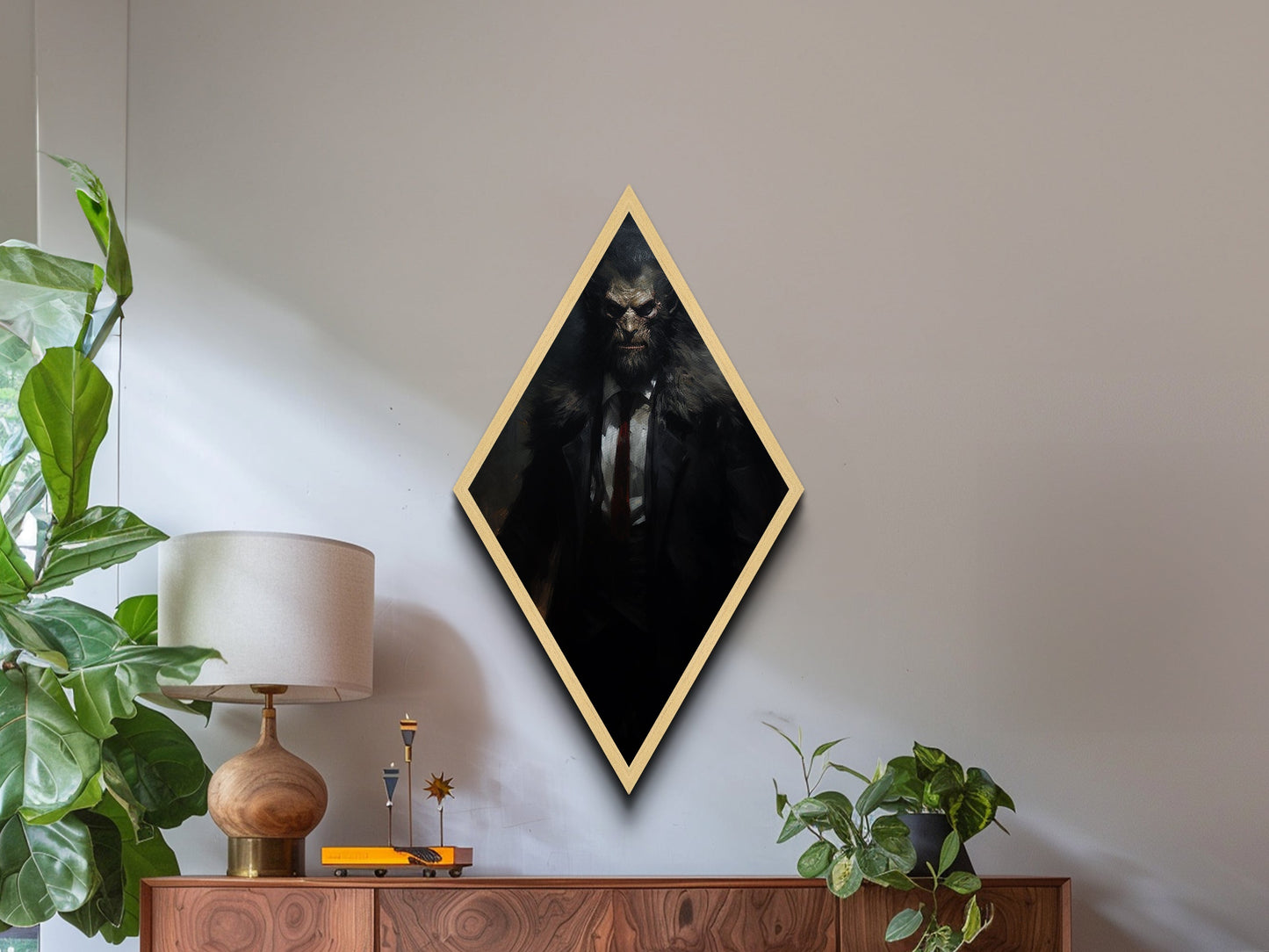 Rautenförmiger Leinwanddruck mit Werwolf-Motiv, gotisches Horrormonster im Anzug, viktorianische Halloween-Dekoration im Stil von Dark Academia für die Wand