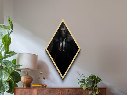 Rautenförmiger Leinwanddruck mit Werwolf-Motiv, gotisches Horrormonster im Anzug, viktorianische Halloween-Dekoration im Stil von Dark Academia für die Wand