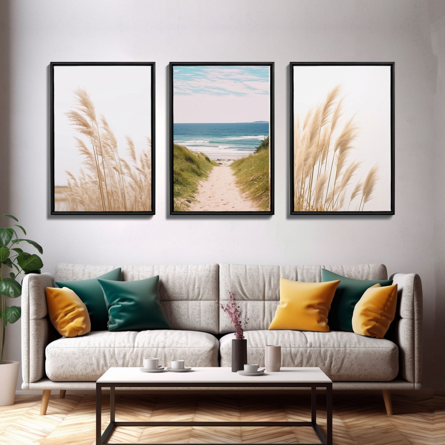 Beautiful Set of 3 Pampas Grass Beach Ocean Shore Photography Prints Minimalist Modern Art Neutral Coastal Room Decor Framed Canvas Wall Art