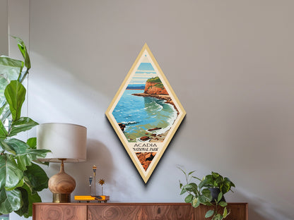 Acadia National Park Diamond Shaped Travel Poster Canvas Art Print, Canvas Wall Art, Travel Gift, Maine Travel Art