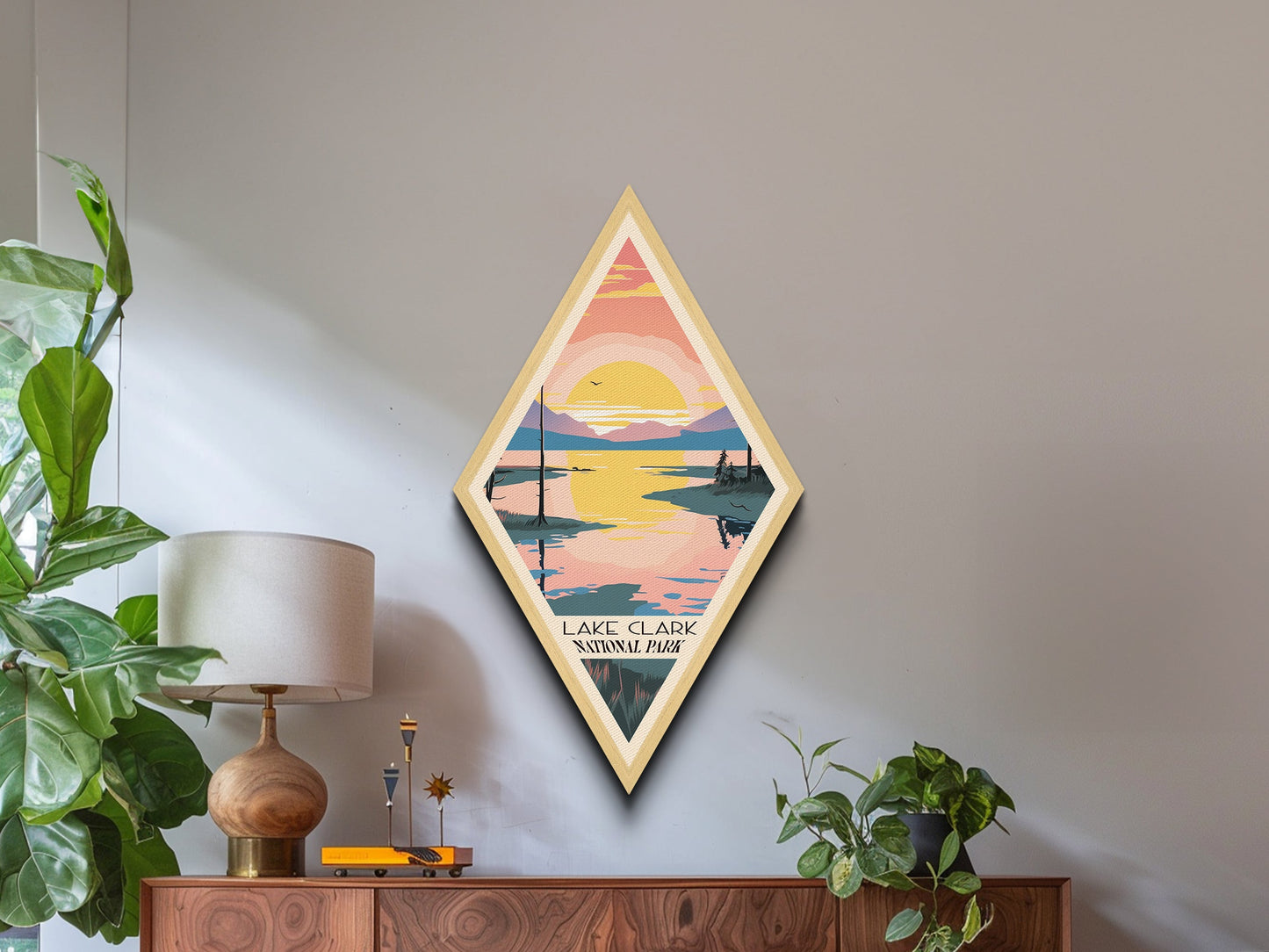 Lake Clark National Park Diamond Shaped Travel Poster Canvas Art Print, Canvas Wall Art, Travel Gift, Alaska Travel Art