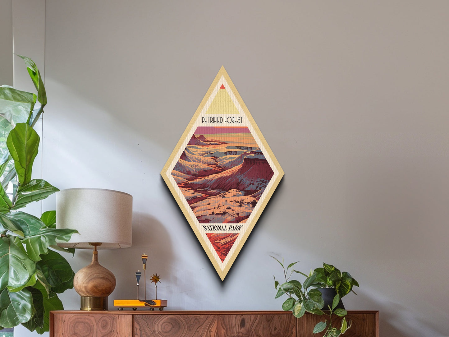 Petrified Forest Nationalpark – Diamantförmiges Reiseposter auf Leinwand, Kunstdruck, Wandbild, Reisegeschenk, Arizona-Reisemotiv