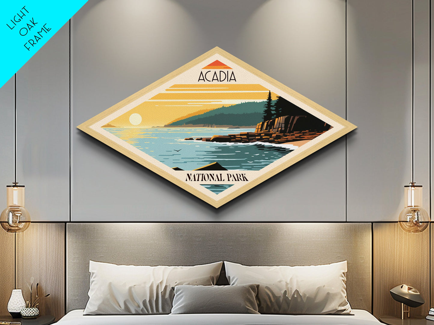 Acadia National Park Diamond Shaped Travel Poster Art Canvas Art Print, Canvas Wall Art, Travel Gift, Maine Travel Art
