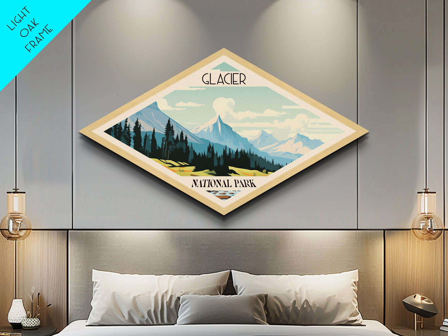 Retro-Reiseposter „Glacier Nationalpark“ auf Leinwand, Kunst mit Struktur, Reisedeko, Midcentury-Modern-Deko, Montana-Reisekunst