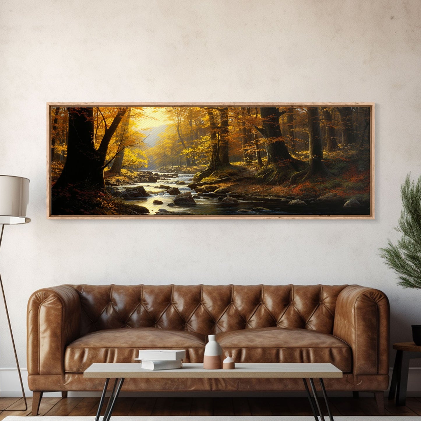 The Forest In The Autumn, Fall Centerpiece, Panoramic Painting Framed Canvas Print, Fall Decor, Orange Leaves Falling In The Forest