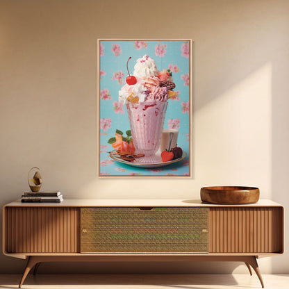 A Strawberry Sunday, Ice Cream Art, Framed Canvas Print, Ice Cream Parlor Decor, Icecream Shop Wall Art, MCM Style Decor, Kitchen decor