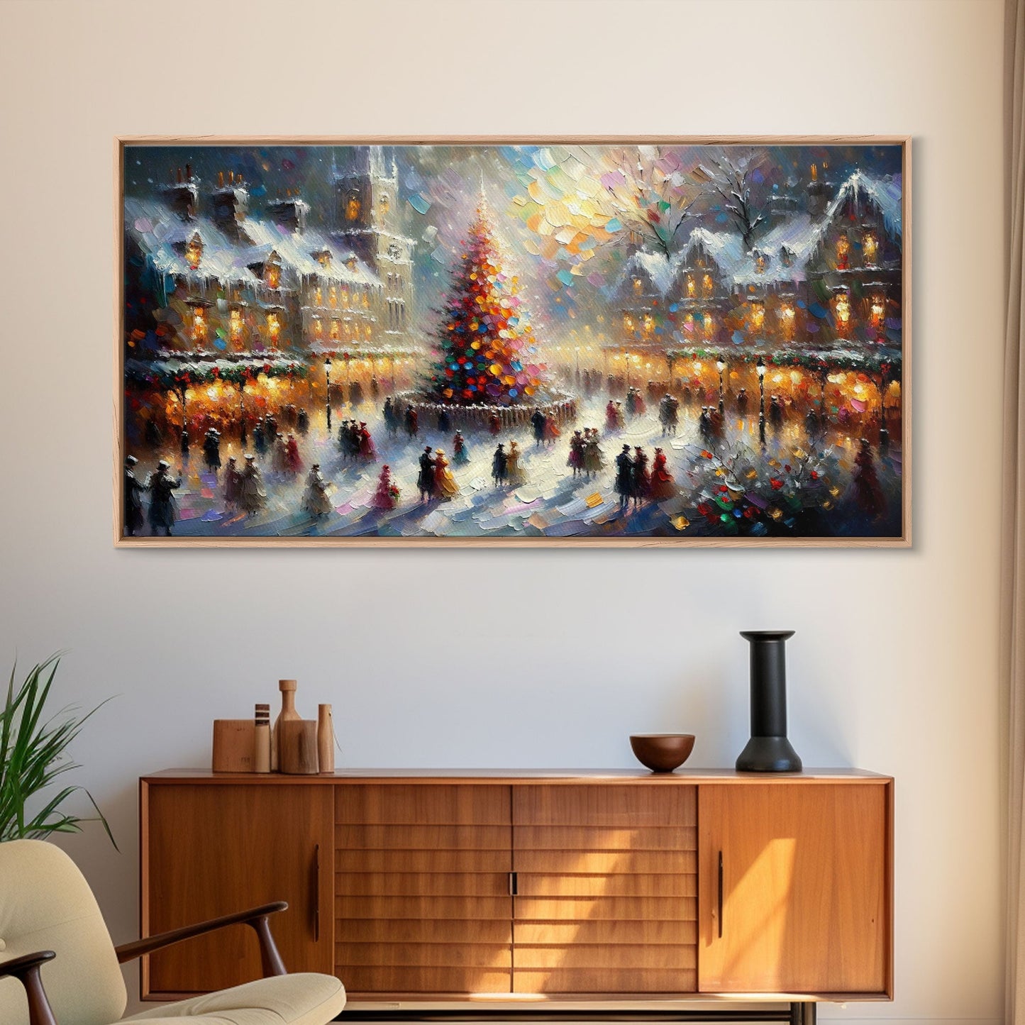 Retro Style Christmas Canvas Print | Framed Canvas Print | Christmas Village | Winter Wonderland | Impasto Style Painting | Seasonal Decor