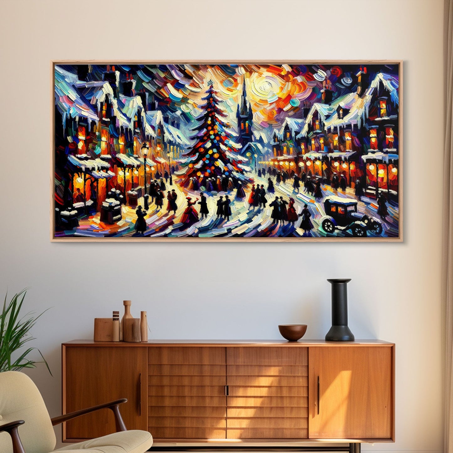 Retro Style Christmas Canvas Print | Framed Canvas Print | Christmas Village | Winter Wonderland | Impasto Style Painting | Seasonal Decor