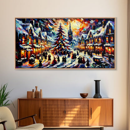 Retro Style Christmas Canvas Print | Framed Canvas Print | Christmas Village | Winter Wonderland | Impasto Style Painting | Seasonal Decor