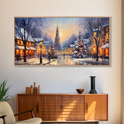 Christmas Centerpiece Wall Art - Framed Canvas Print - Winter Wonderland Victorian Village Decorated for Christmas Canvas Wall Art