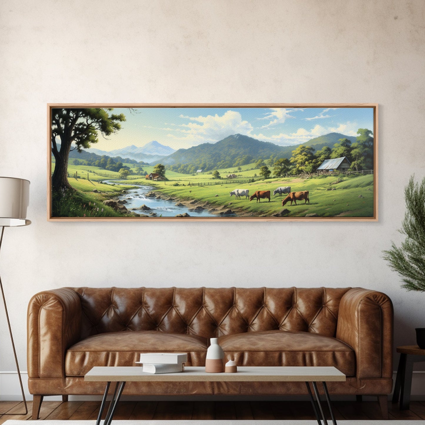 Farmhouse Field Landscape Oil Painting Large Wall Art Canvas Print, Framed Canvas Nature Wall Decor, Rustic Country Landscape Living Room