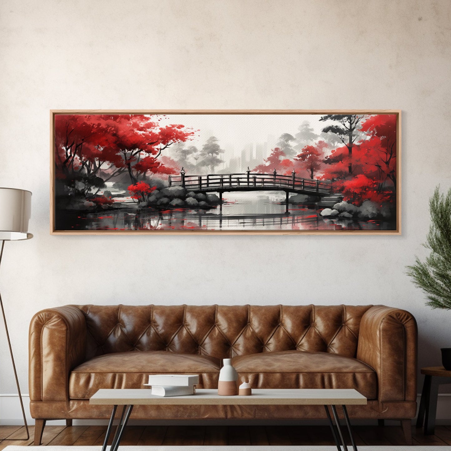 Japanese Hashi Bridge in The Spring, Framed Canvas Print, Japanese Maple Trees Along A Stream, Asian Inspired Art