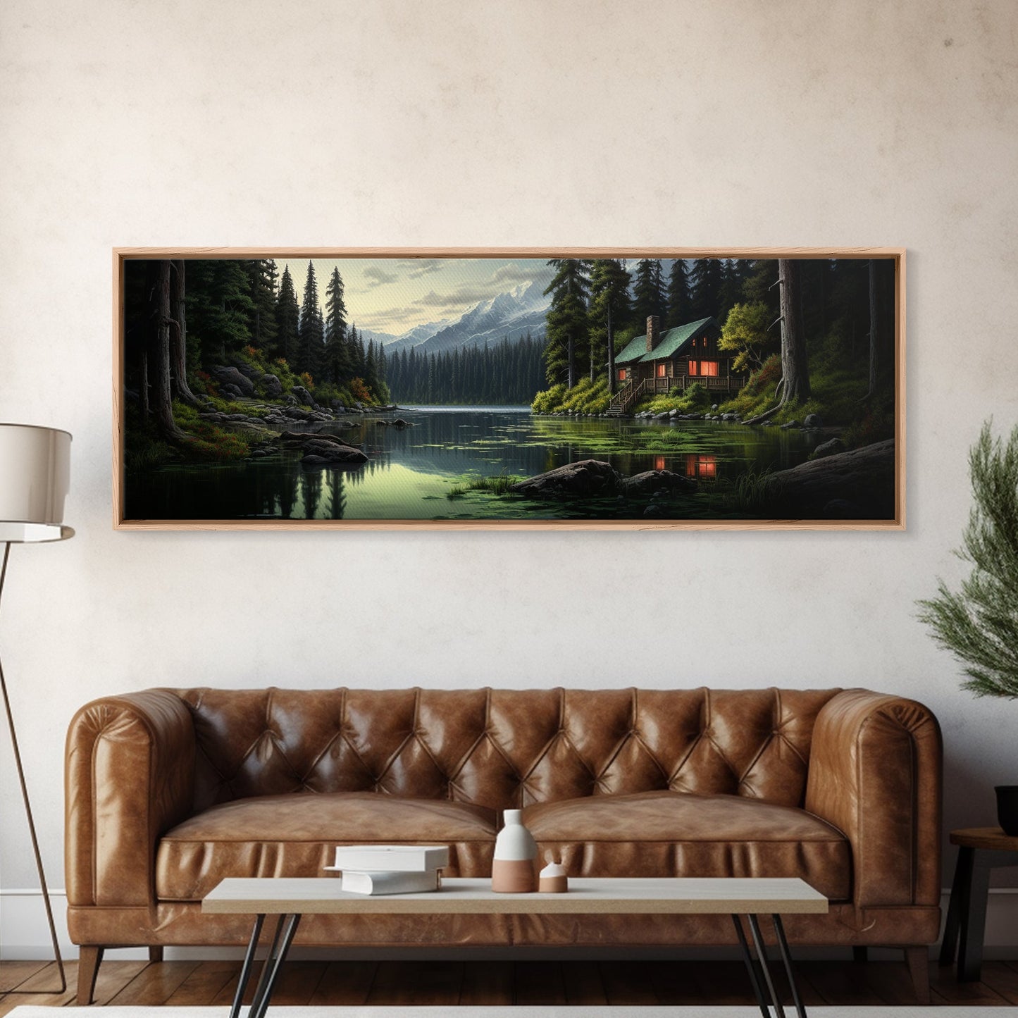 Cozy Cabin on The Lake, Framed Canvas Print, Farmhouse Decor, Landscape Painting, Unique Wall Art