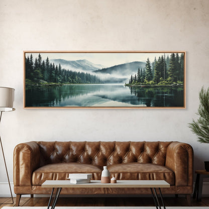 Ready To Hang Panoramic Foggy Pine Forest Canvas Wall Art, Nature Wall Art, Misty Green Forest Print, Modern Home Decor, Ready To Hang Art