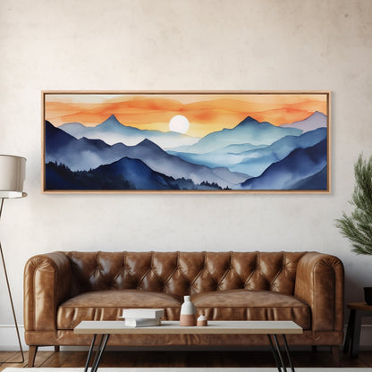 Midcentury Modern Watercolor Painting of a Mountain Sunset, Large Canvas Print, Mountain Artwork, Guest Room Art, Mountain Print