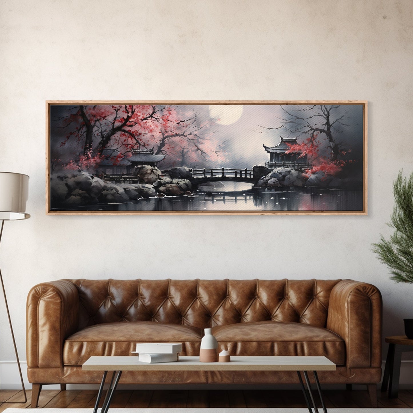 Japanese Hashi Bridge in The Spring, Framed Canvas Print, Japanese Maple Trees Along A Stream, Asian Inspired Artwork