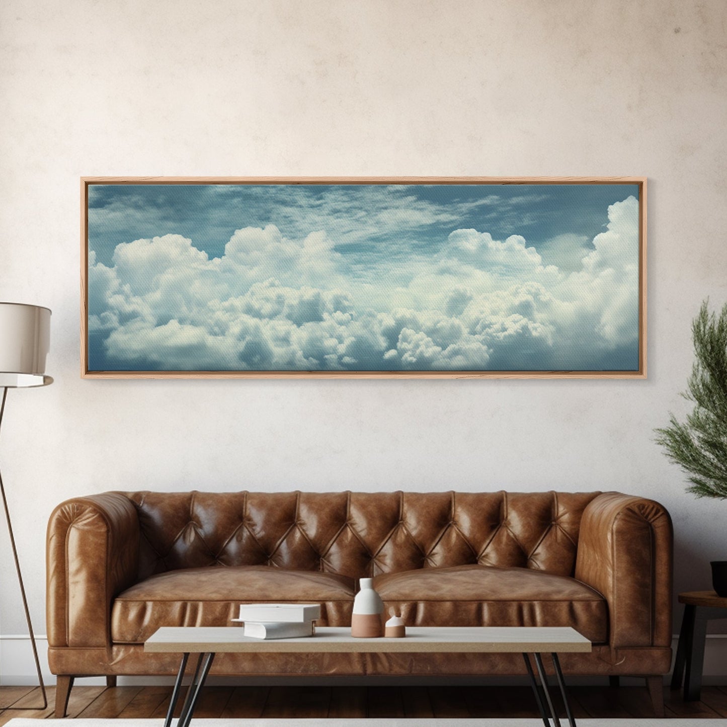 Panoramic Framed Canvas Wall Art Set Pastel Cloud Blue Sky Nature Landscape Prints Minimalist Modern Art Nature Wall Decor Framed Canvas
