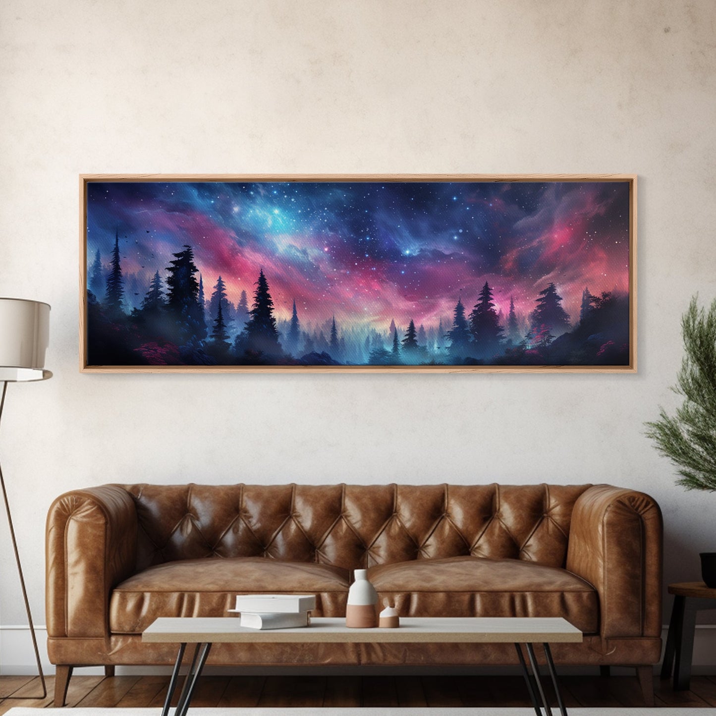Watercolor Painting Of A Starry Night, Framed Canvas Print, Beautiful Nature Panoramic, Alaska Wilderness Art