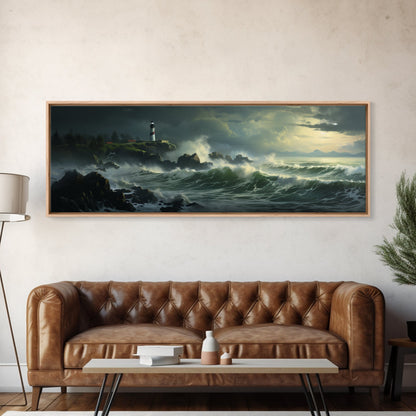 Lighthouse In The Storm, Framed Canvas Print, Nautical Decor, Nautical Painting, Guest Room Art, Moody Decor
