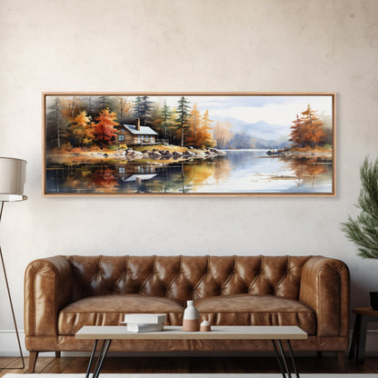 Rustic Lake Cabin at Dusk Watercolor Painting | Peaceful Wilderness Landscape Canvas Print | Modern Country Decor and Nature Lovers