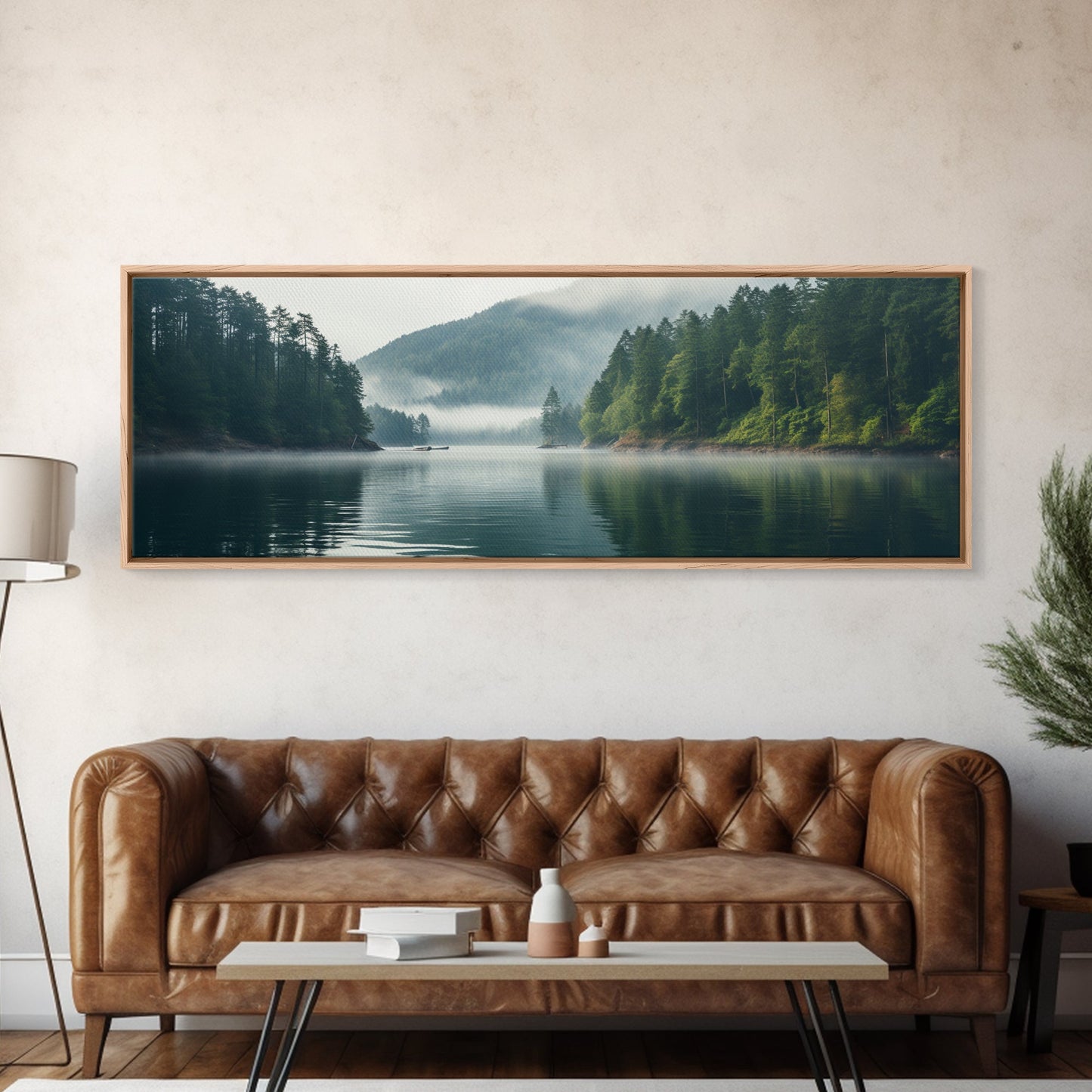 Rustic Nature Landscape Painting Canvas Print | Cozy Forest Canvas Art | Misty Lake & Earth Tones | Farmhouse Cabin Decor