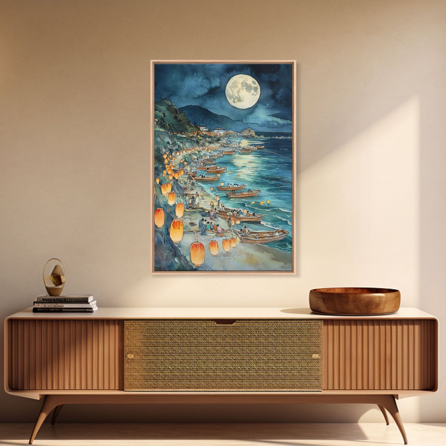 Japanese Paper Lamps Framed Canvas Print, Isamu Noguchi Akari Latern Festival, Christmas Decor