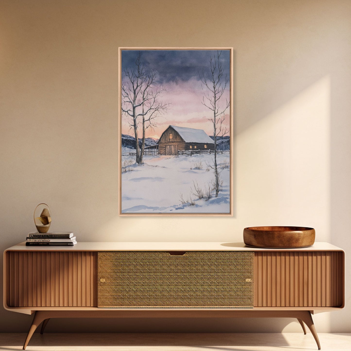 Scheune im Winter, gerahmter Leinwanddruck, Winterlandschaftsdruck, rustikale Weihnachtskunst, Dekoration im Landhausstil