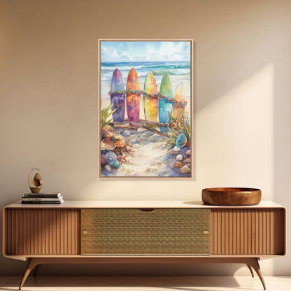 Weihnachts-Surfbretter am verschneiten Strand, gerahmter Leinwanddruck, tropische/maritime Weihnachtskunst oder Geschenkidee, Weihnachtsposter