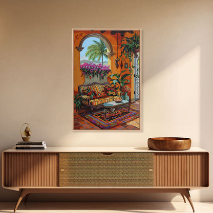 Mediterranean Courtyard Lounge Framed Canvas Print Spanish Style Home Decor Best Gift Bright Seasonal Art Above Sofa Wall Art