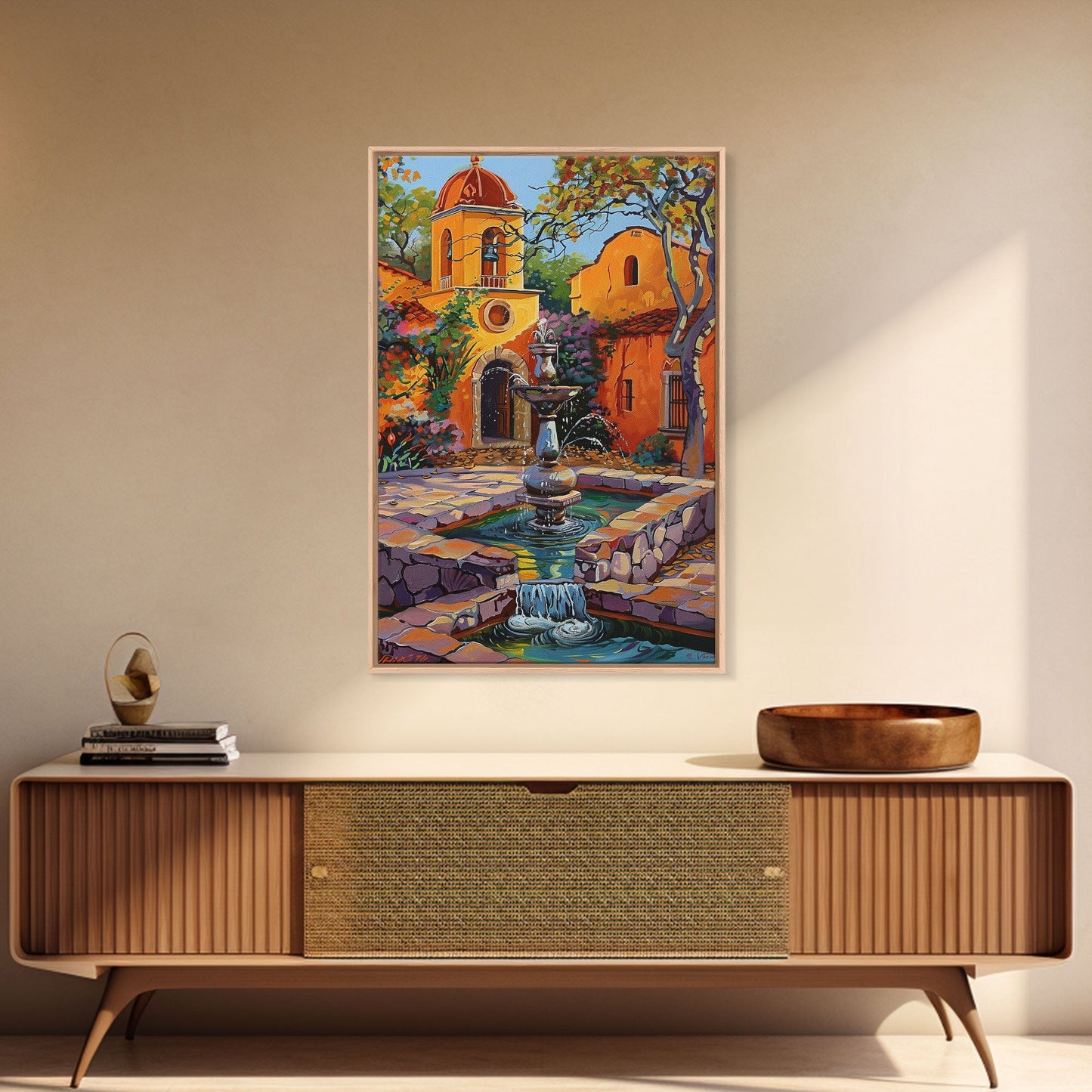 Mexican Style Framed Canvas Print Tall Art Vibrant Outdoor Fountain Scene With Colorful Architecture
