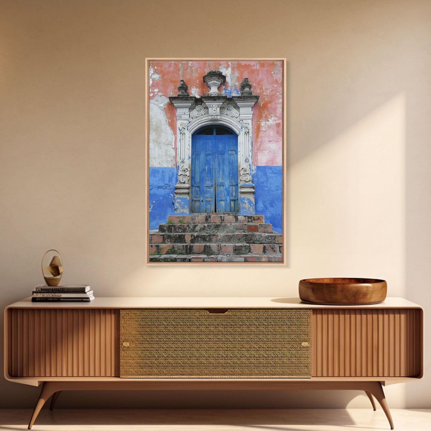 Change3 Mexican Wall Art, Colorful Mexican Door Architecture Painting Framed Canvas Print, Traditional Hacienda Architecture, Ready To Hang
