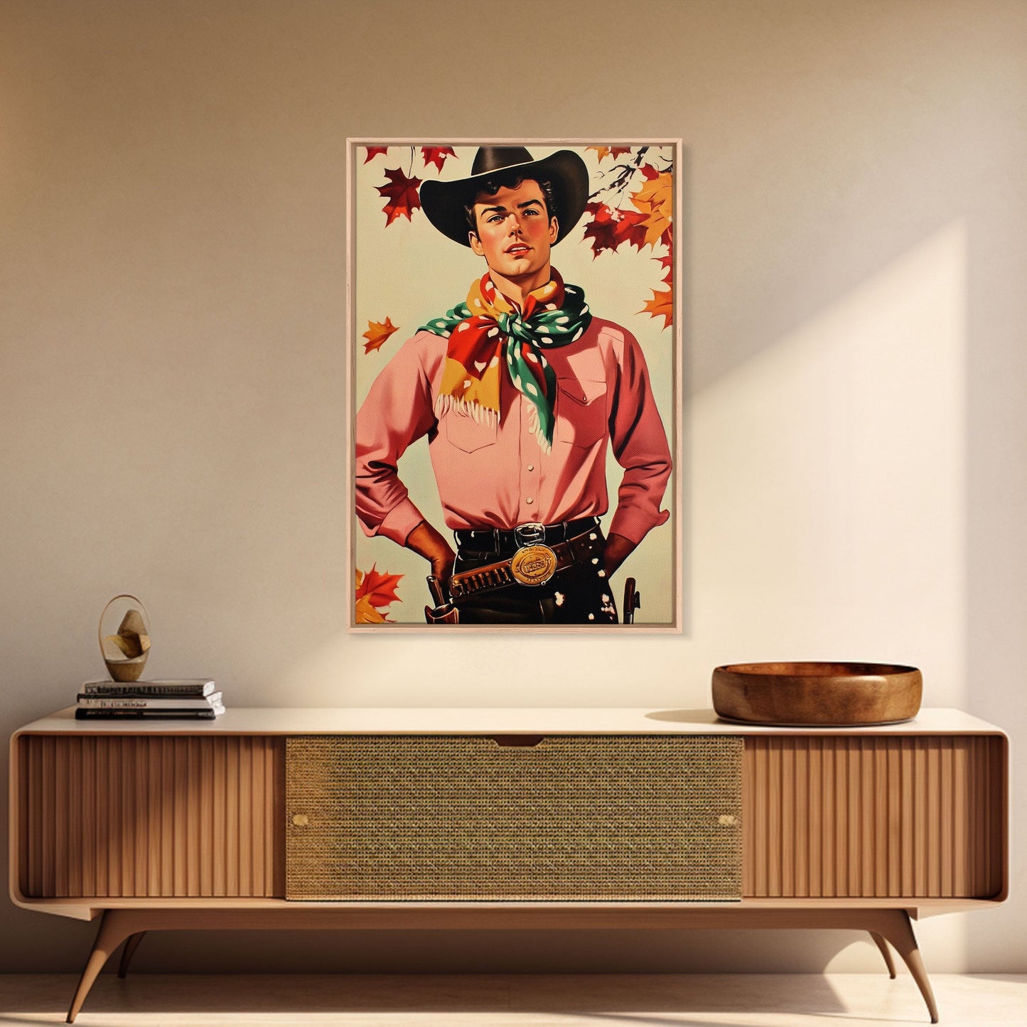 Cowboy Christmas Wall Art Canvas Print with Autumn Leaves, Seasonal Holiday Decor and Gift Idea 2024