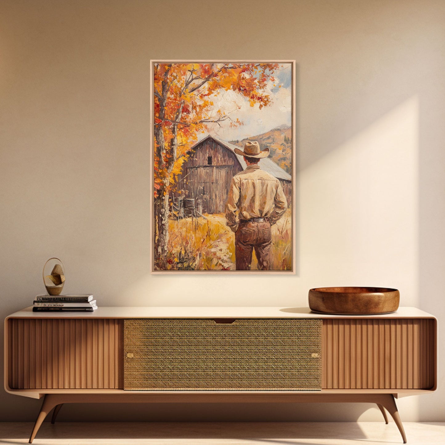 Autumn Cowboy Barn Framed Canvas Print - Fall Harvest Country Wall Art Best Gift Idea 2024 Rustic Farmhouse Decor