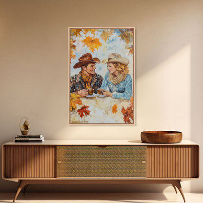 Cowboy and Cowgirl Fall Scene Framed Canvas Print - 2024 Rustic Autumn Love Country Art Gift Idea Fall Wall Decor