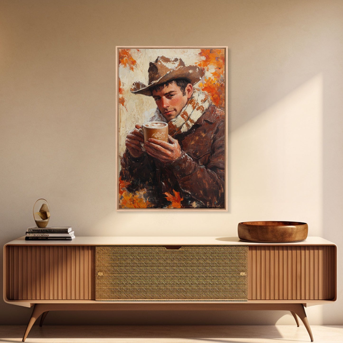 Cowboy mit Kaffeetasse im Herbst – Gerahmter Leinwanddruck – Herbstliche Wanddekoration im Landhausstil 2024 – Rustikale Wohndeko und Geschenkidee