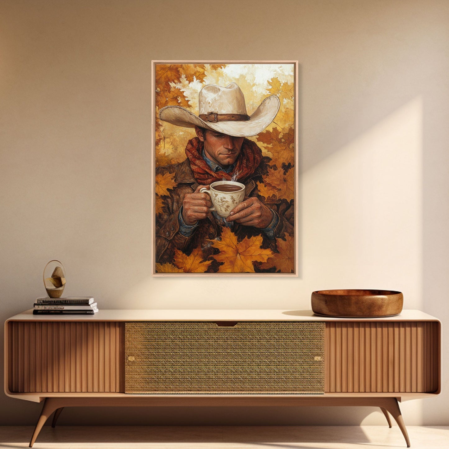 Cowboy Holding Hot Drink Framed Canvas Print - Moody Winter Landscape Art Perfect 2024 Christmas Wall Decor