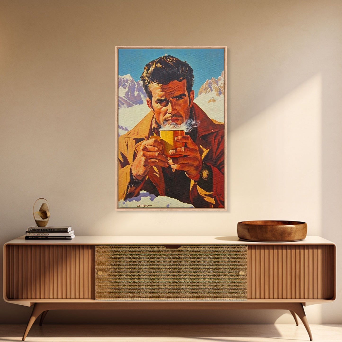 Cowboy Drinking Coffee in Winter Cabin Framed Canvas Print - Cozy Christmas Wall Art 2024 Rustic Holiday Decor