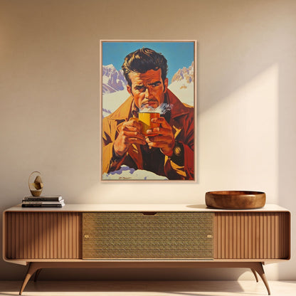 Cowboy Drinking Coffee in Winter Cabin Framed Canvas Print - Cozy Christmas Wall Art 2024 Rustic Holiday Decor