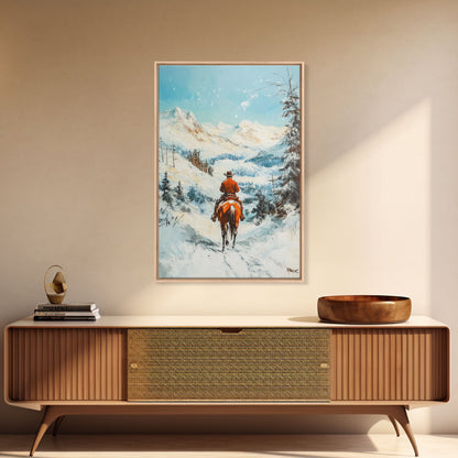 Cowboy reitet durch verschneite Berge – Gerahmter Leinwanddruck – Weihnachtswandbild – Winterwunderland-Dekoration – Saisonale Wanddekoration – Geschenkidee zu Weihnachten