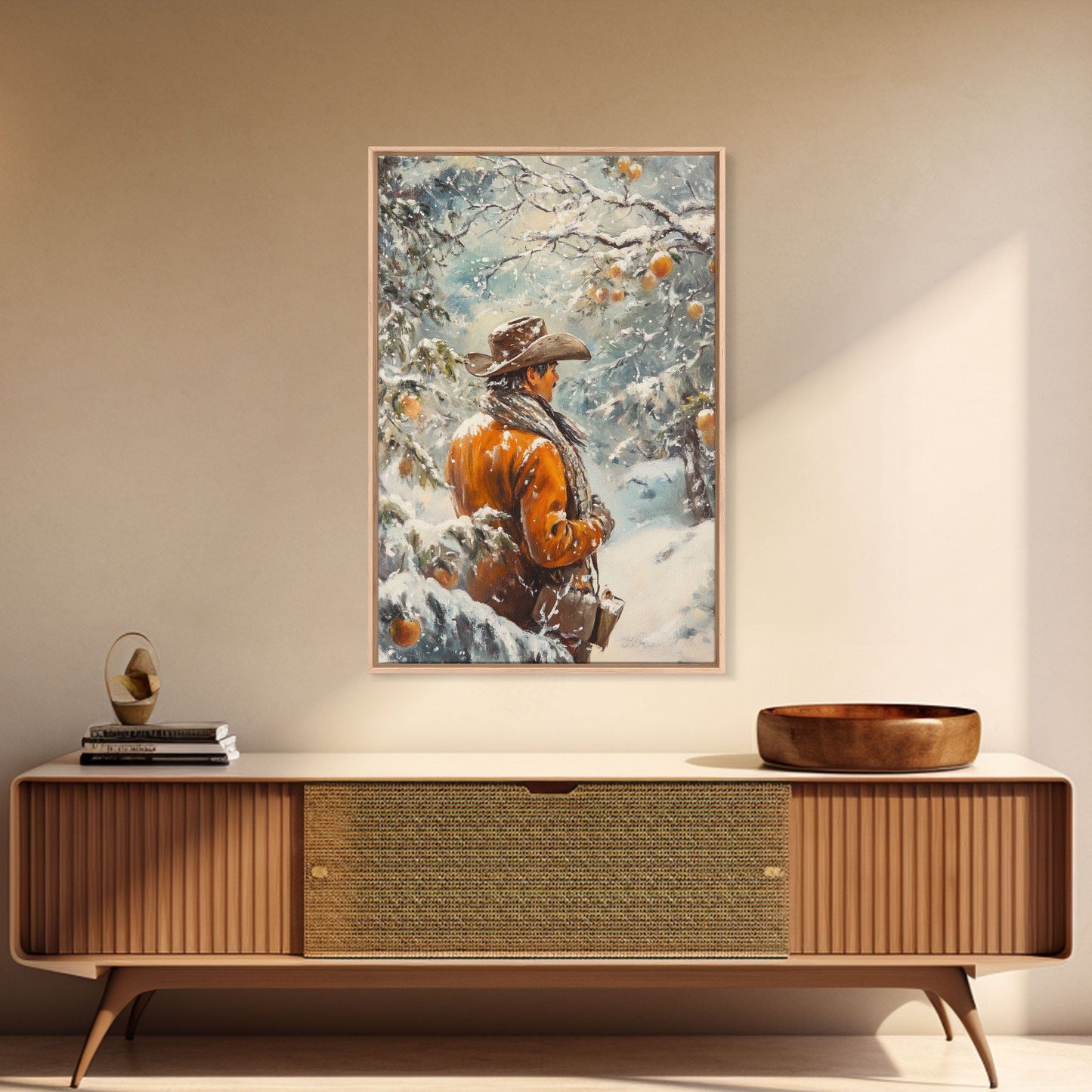 Cowboy in Snowy Orchard Canvas Print with Frosty, Christmas Wall Art Gift, Seasonal Decor, Winter Wonderland, Holiday Decor, Canvas Print