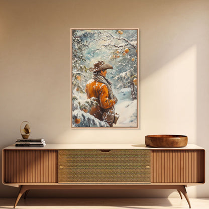Cowboy in Snowy Orchard Canvas Print with Frosty, Christmas Wall Art Gift, Seasonal Decor, Winter Wonderland, Holiday Decor, Canvas Print