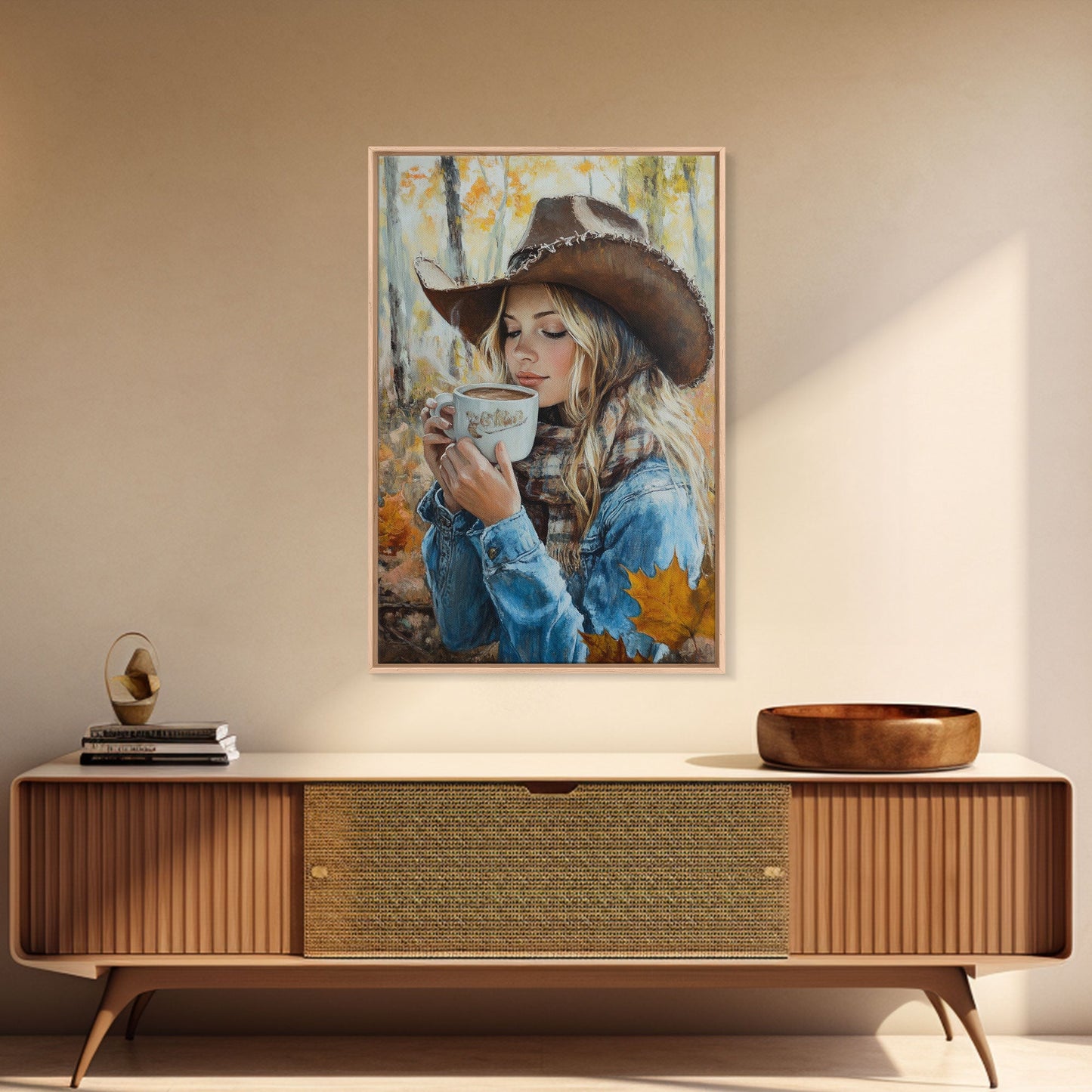 Fall-themed farmhouse framed canvas print a woman with coffee amidst autumn leaves ideal harvest home decor or seasonal wall art gift idea