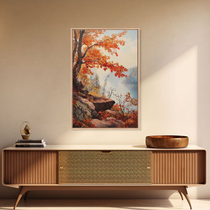 Fall In The Virginia Mountains - Framed Canvas Print - Autumn Leaves Falling On The Mountain Lake Landscape