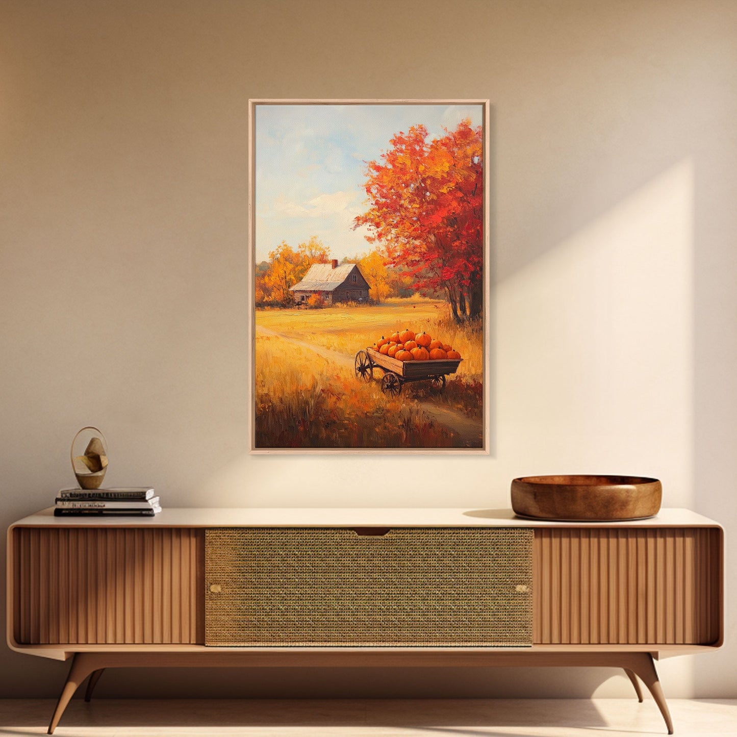 Pumpkin Cart In Fall Field Framed Canvas Print Rustic Autumn Country Farmhouse Decor Perfect Seasonal Art For Farmhouse Christmas Wall Art