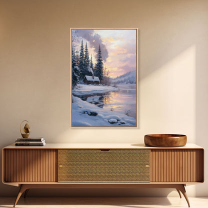 Cabin In Snowy Forest Framed Canvas Print Wall Art Winter Landscape Decor, Cozy Christmas Art Gift, Rustic Winter Wonderland Art